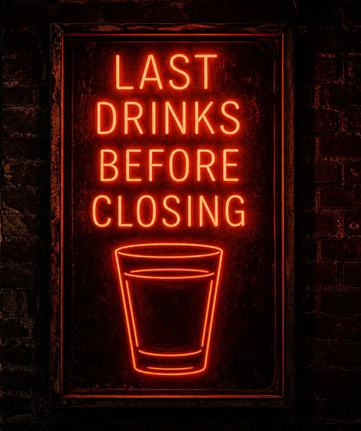 Last Drinks Before Closing neon sign on a brick wall